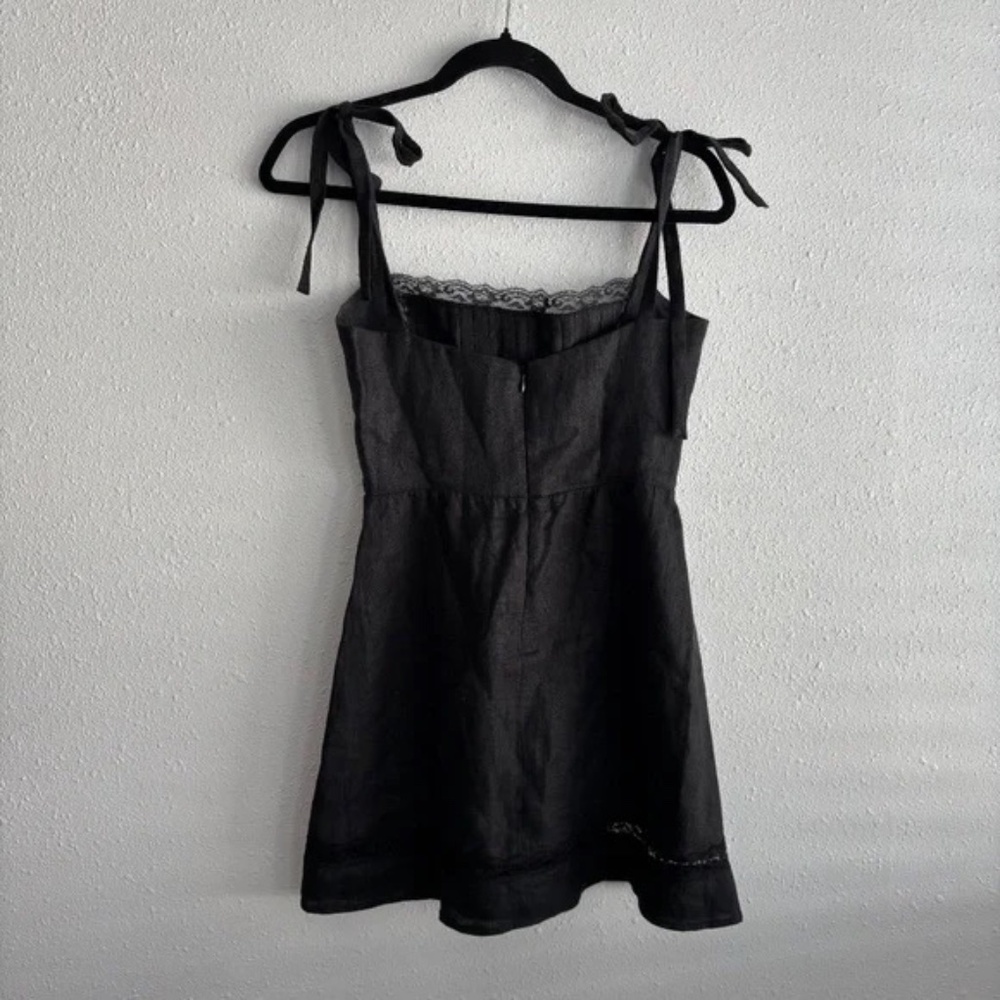 Reformation Domingo Linen Lace Pleated Bodice Bow Strap Mini Dress in Black - Picture 8 of 10